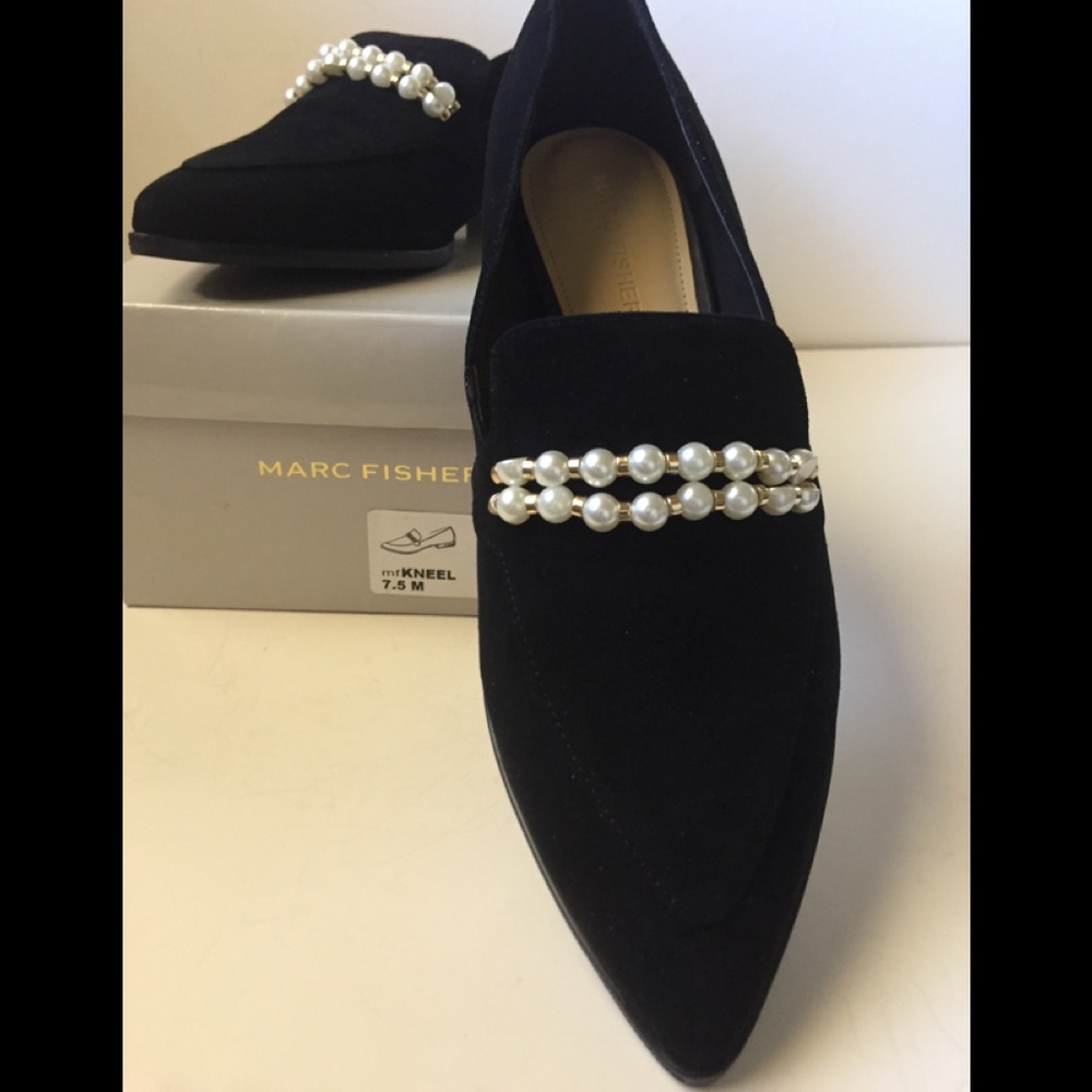 Marc Fisher Black Suede Flats with Pearls 7.5 B